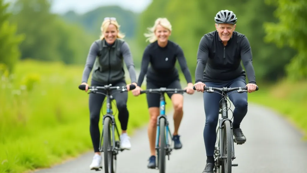 Group of cyclists of various ages riding together on the greenway, showing the social and inclusive nature of the route