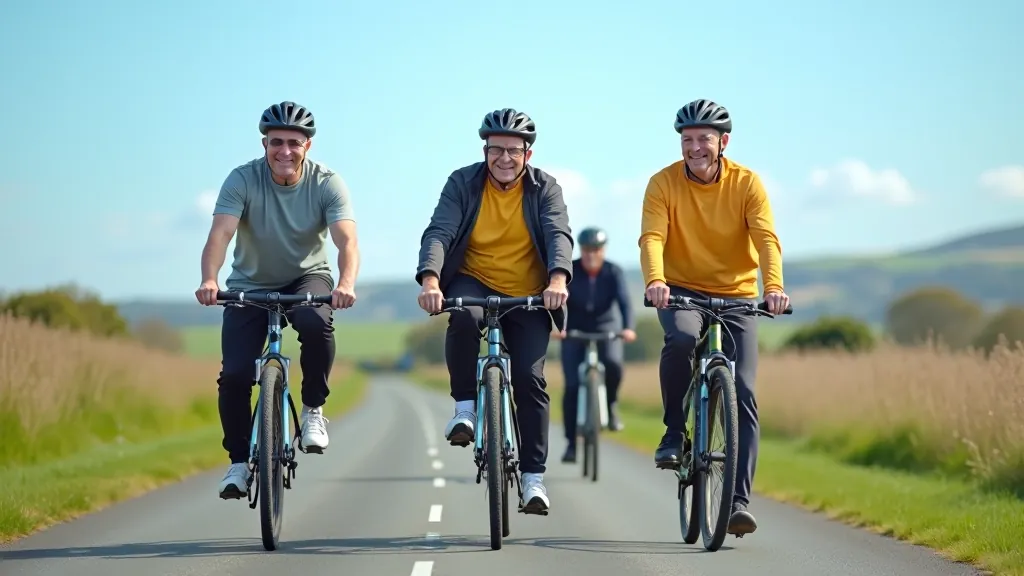 Group of senior cyclists enjoying a guided group ride in Galway region
