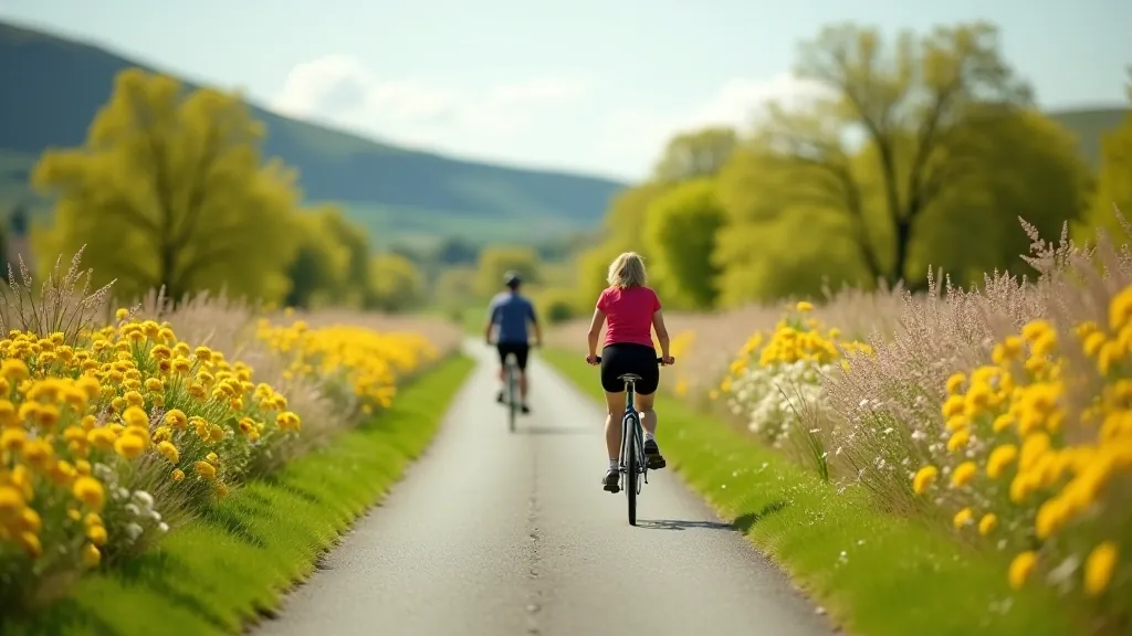 Seasonal view of the greenway showing spring flowers and cyclists enjoying mild weather on the paved path