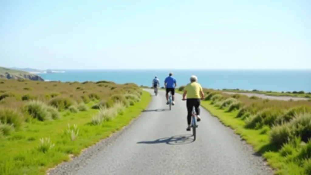 Scenic cycling path along Galway coast with blue water and green fields