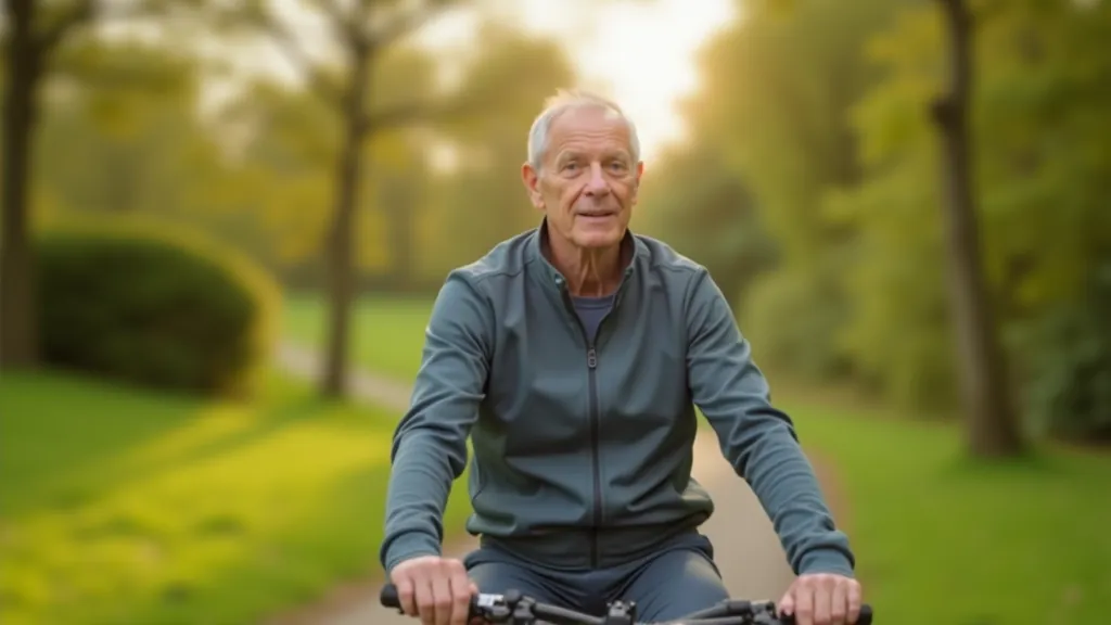 Older cyclist seated on e-bike with upright posture, demonstrating comfortable riding position