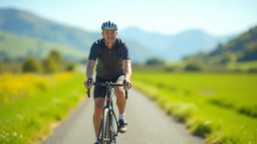 Cyclist riding on Great Western Greenway with green fields in background